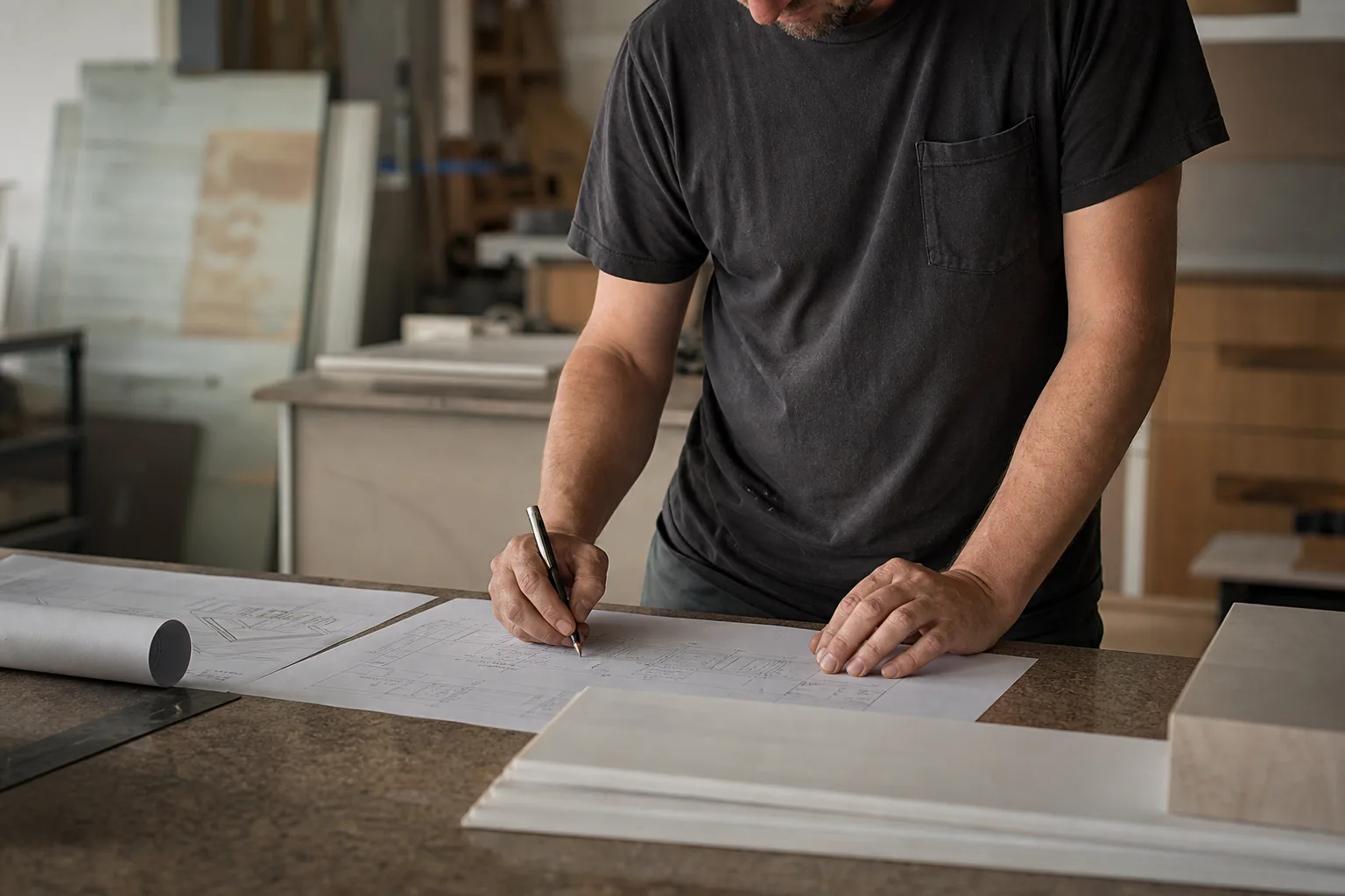 Werk in een Nederlandse winkel of werkplaats. Beeld bij het artikel: In welke volgorde werk je een werktekening uit tot een calculatie en een offerte?
